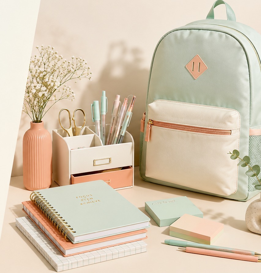 Sage green backpack, desk organiser, pastel pens and notebooks